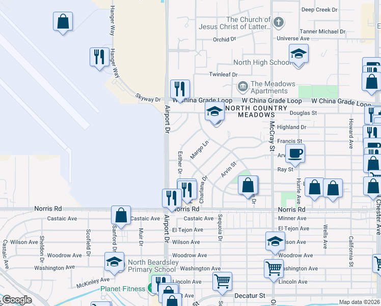 map of restaurants, bars, coffee shops, grocery stores, and more near 2000 Esther Drive in Bakersfield