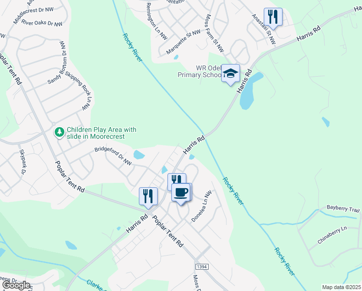 map of restaurants, bars, coffee shops, grocery stores, and more near 9796-9920 Harris Road in Concord