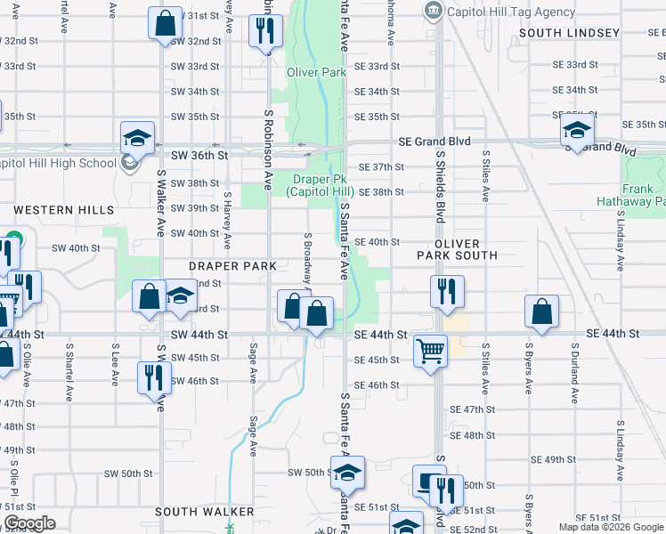 map of restaurants, bars, coffee shops, grocery stores, and more near 17 Southwest 41st Street in Oklahoma City