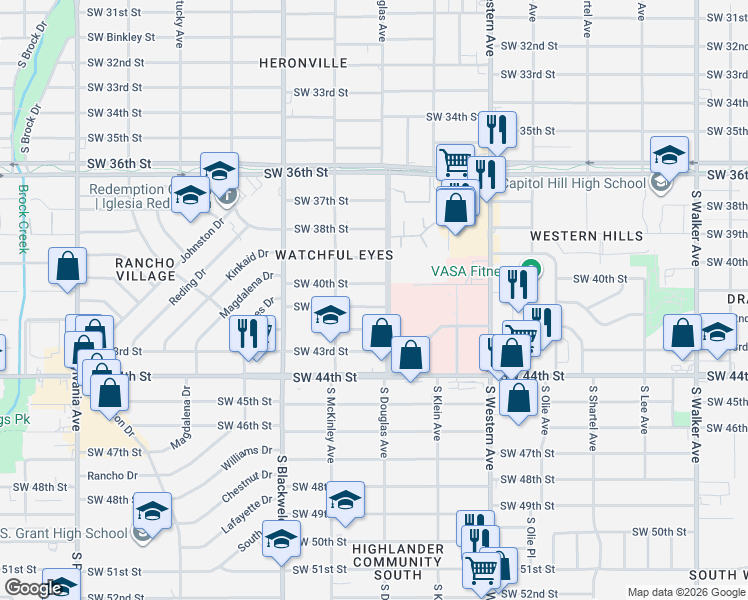 map of restaurants, bars, coffee shops, grocery stores, and more near 4100 South Douglas Avenue in Oklahoma City