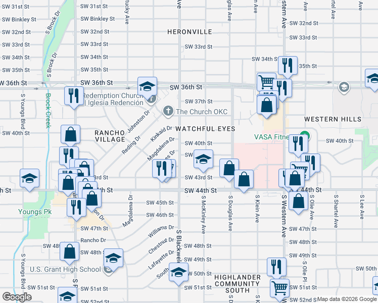 map of restaurants, bars, coffee shops, grocery stores, and more near 1237 Southwest 40th Street in Oklahoma City