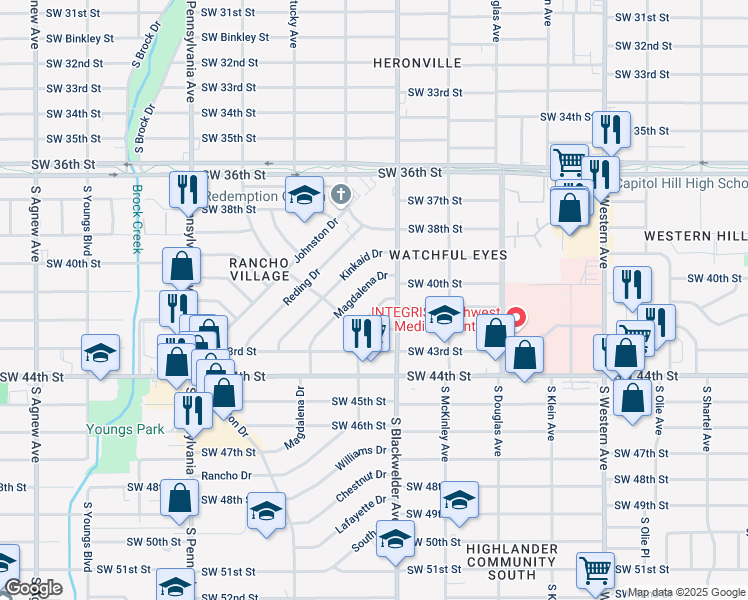 map of restaurants, bars, coffee shops, grocery stores, and more near 1329 Magdalena Drive in Oklahoma City