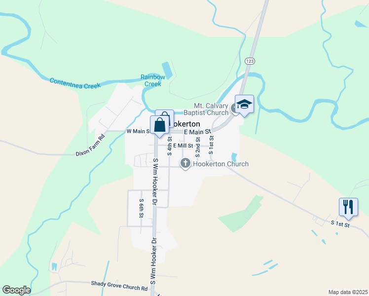 map of restaurants, bars, coffee shops, grocery stores, and more near 302 East Mill Street in Hookerton