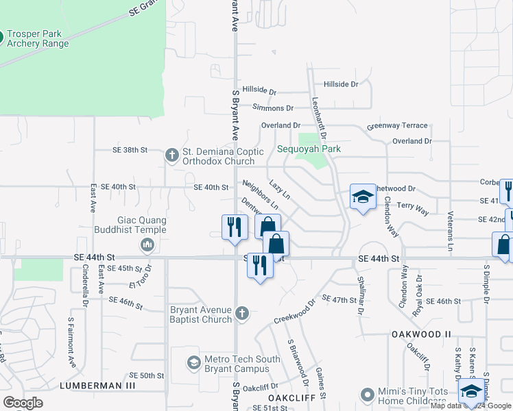 map of restaurants, bars, coffee shops, grocery stores, and more near 3025 Dentwood Terrace in Del City