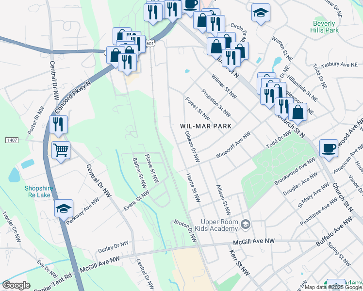 map of restaurants, bars, coffee shops, grocery stores, and more near 676 Harris Street Northwest in Concord