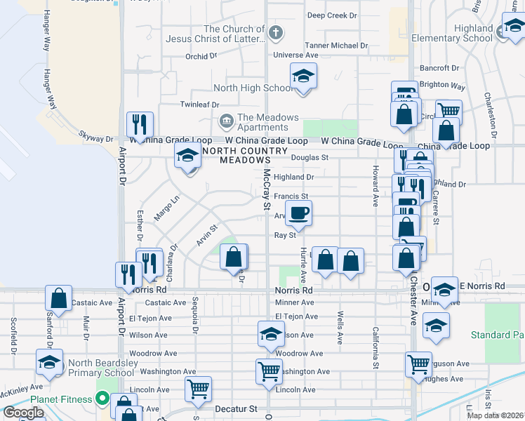 map of restaurants, bars, coffee shops, grocery stores, and more near 507 Charlana Drive in Bakersfield