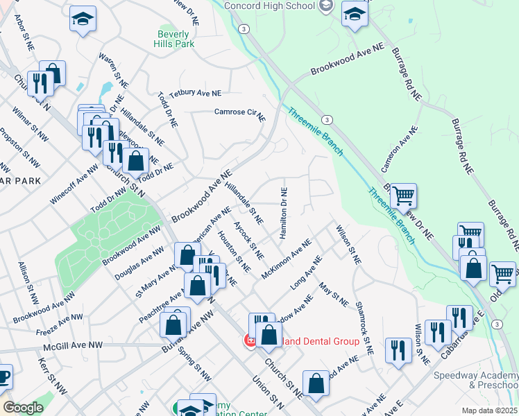 map of restaurants, bars, coffee shops, grocery stores, and more near 141 American Avenue Northeast in Concord