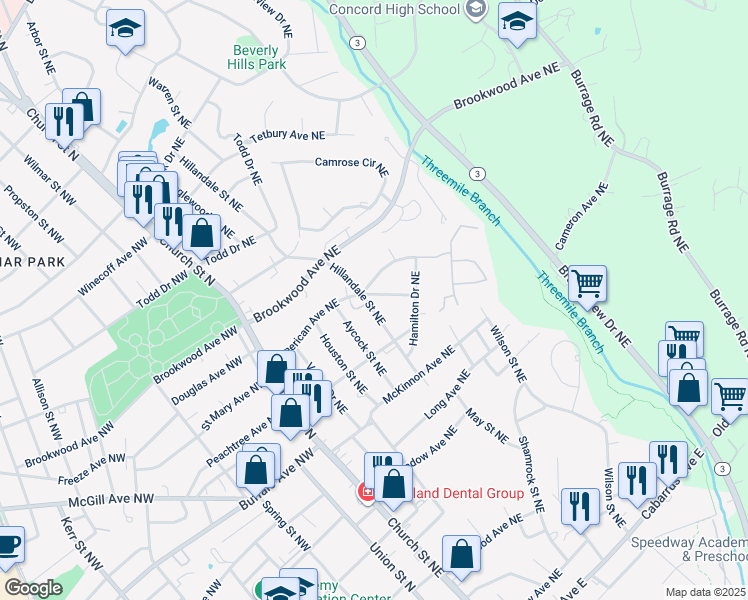 map of restaurants, bars, coffee shops, grocery stores, and more near 364 Hillandale Street Northeast in Concord