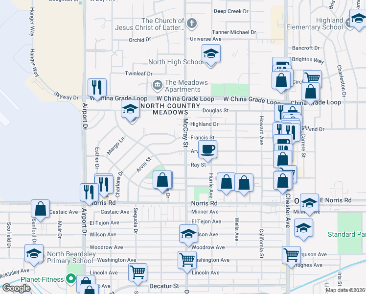 map of restaurants, bars, coffee shops, grocery stores, and more near 507 Charlana Drive in Bakersfield