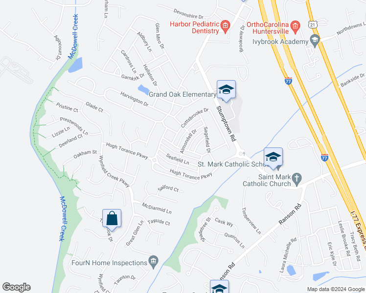map of restaurants, bars, coffee shops, grocery stores, and more near 15032 Almondell Drive in Huntersville