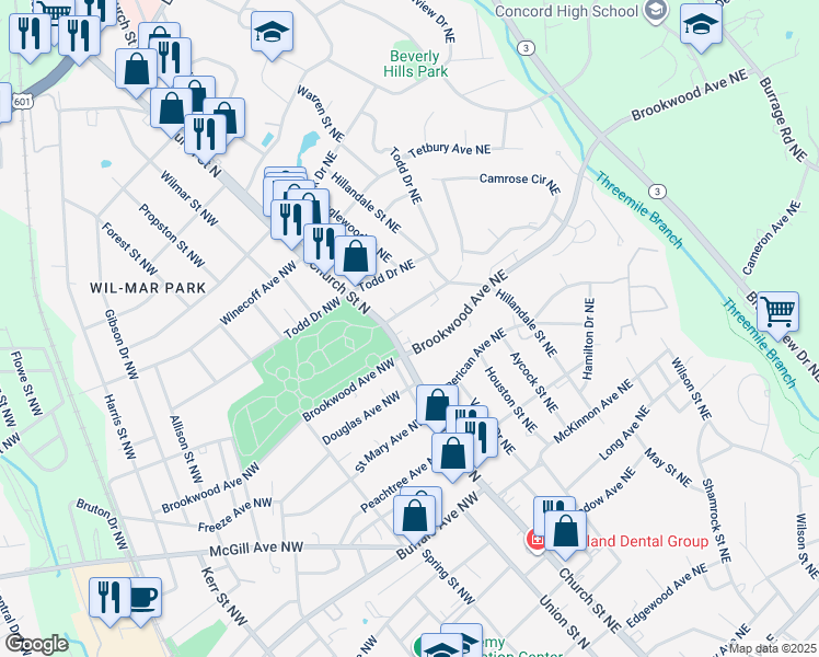 map of restaurants, bars, coffee shops, grocery stores, and more near Carolina Avenue Northeast in Concord