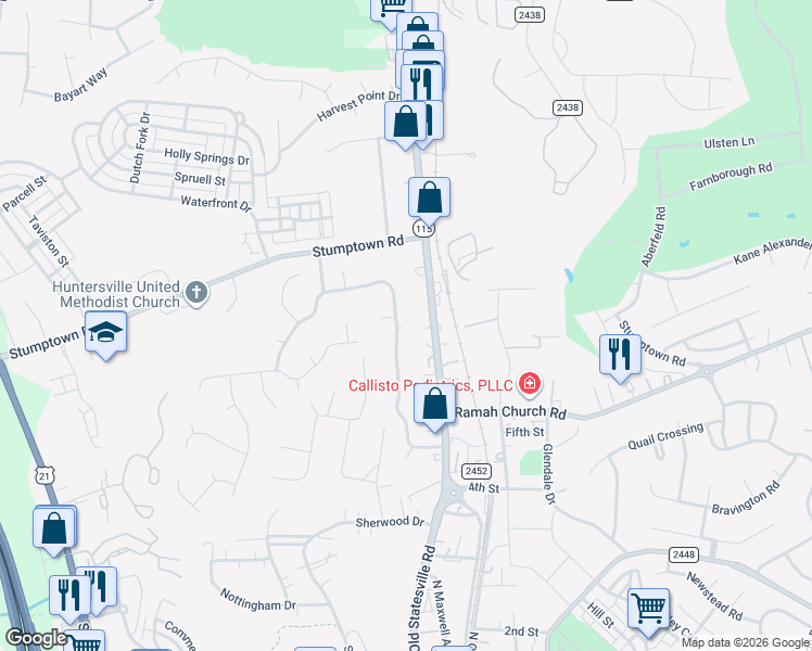 map of restaurants, bars, coffee shops, grocery stores, and more near 100 Welder Court in Huntersville