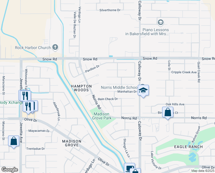 map of restaurants, bars, coffee shops, grocery stores, and more near 10114 Salerosa Court in Bakersfield