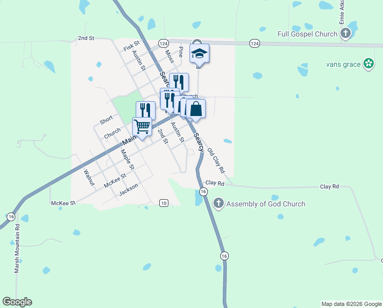 map of restaurants, bars, coffee shops, grocery stores, and more near 210 Austin Street in Pangburn