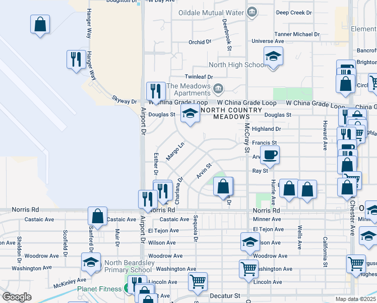 map of restaurants, bars, coffee shops, grocery stores, and more near 604 Francis Street in Bakersfield