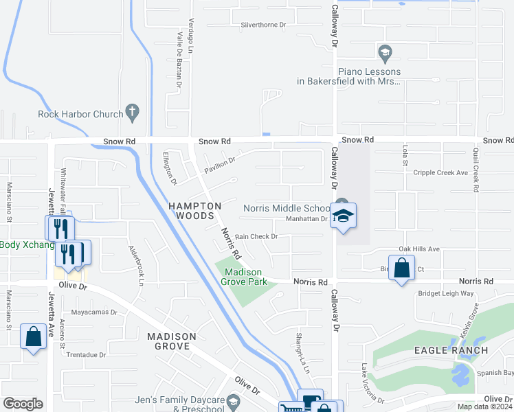 map of restaurants, bars, coffee shops, grocery stores, and more near 10114 Salerosa Court in Bakersfield