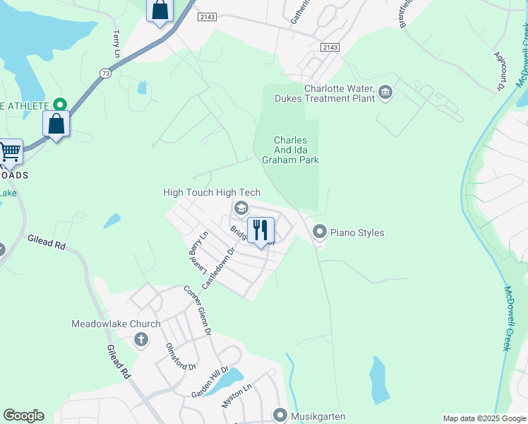 map of restaurants, bars, coffee shops, grocery stores, and more near 15523 Troubadour Lane in Huntersville