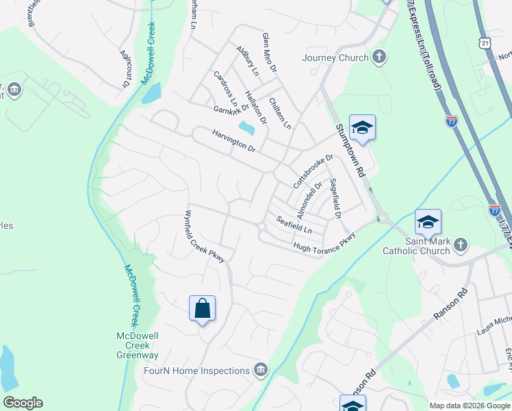 map of restaurants, bars, coffee shops, grocery stores, and more near 15126 Macbeth Court in Huntersville