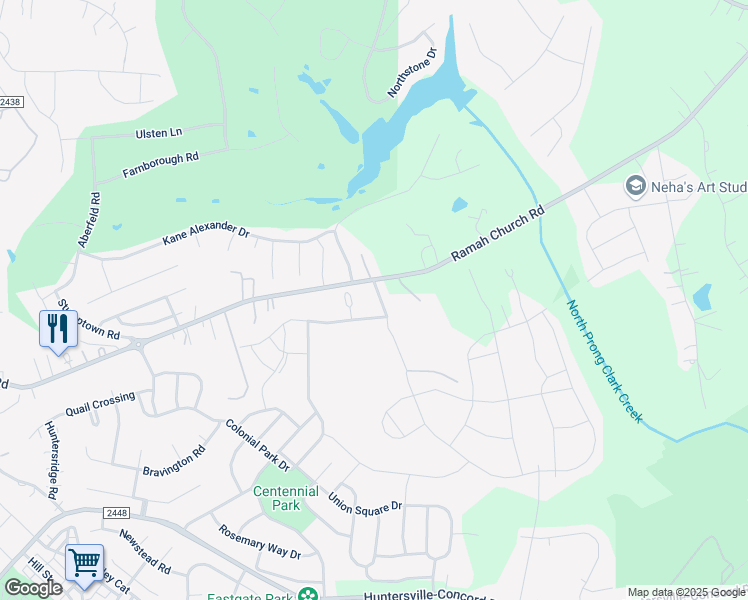 map of restaurants, bars, coffee shops, grocery stores, and more near 15315 Fred Brown Road in Huntersville