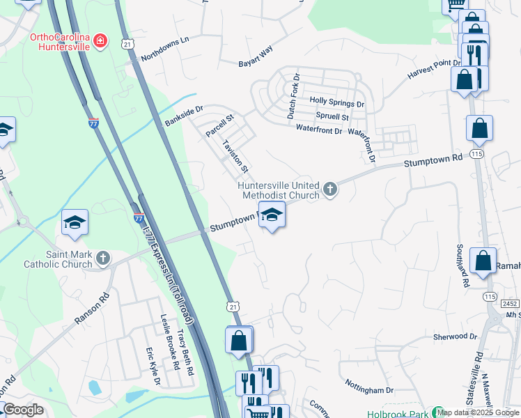 map of restaurants, bars, coffee shops, grocery stores, and more near 14066 Stumptown Road in Huntersville