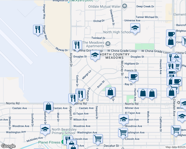 map of restaurants, bars, coffee shops, grocery stores, and more near 604 Francis Street in Bakersfield