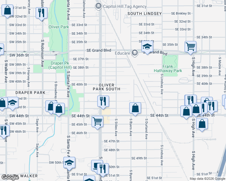 map of restaurants, bars, coffee shops, grocery stores, and more near 4103 South Stiles Avenue in Oklahoma City