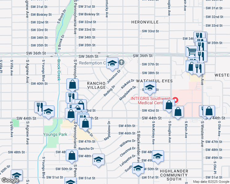 map of restaurants, bars, coffee shops, grocery stores, and more near 1365 Kinkaid Drive in Oklahoma City