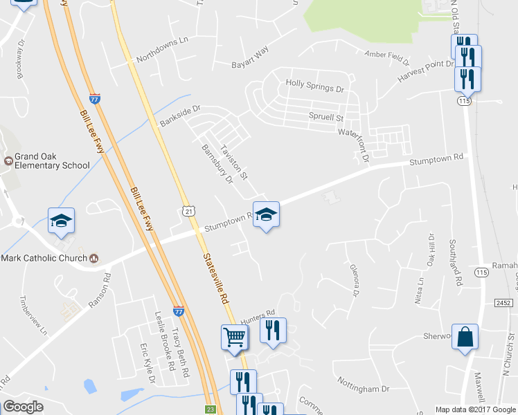 map of restaurants, bars, coffee shops, grocery stores, and more near 14058 Stumptown Road in Huntersville