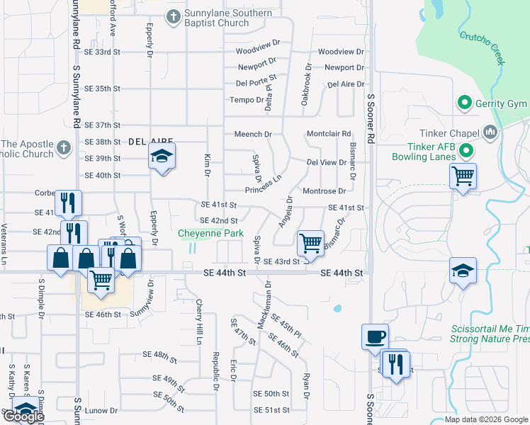 map of restaurants, bars, coffee shops, grocery stores, and more near 4736 Southeast 41st Street in Del City