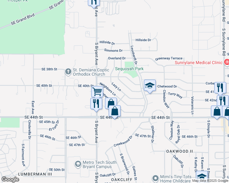 map of restaurants, bars, coffee shops, grocery stores, and more near 3200 Lazy Lane in Del City