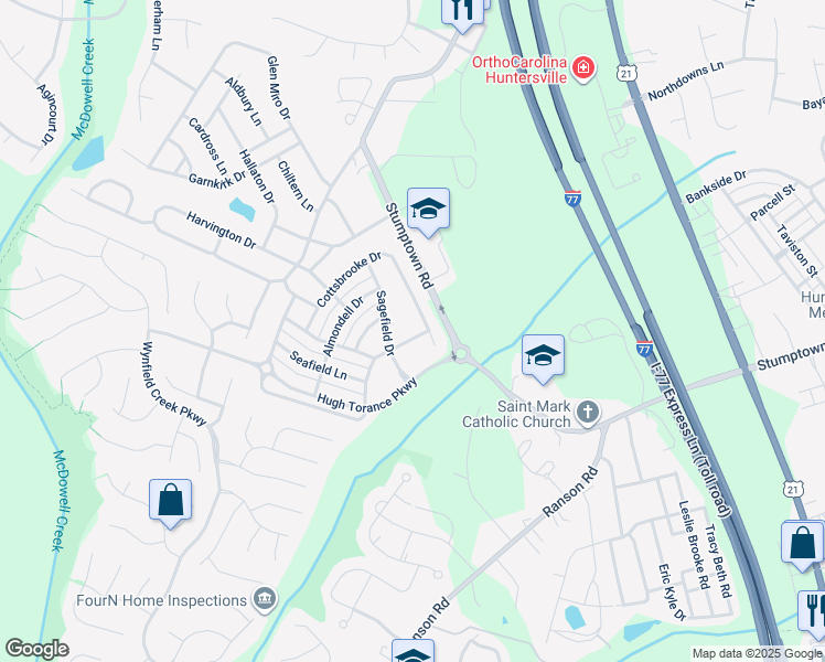 map of restaurants, bars, coffee shops, grocery stores, and more near 8326 Cottsbrooke Drive in Huntersville