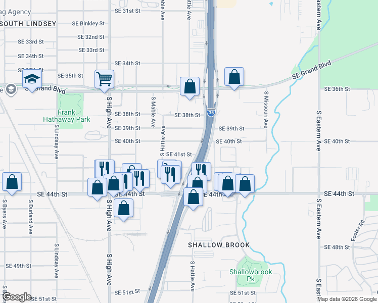 map of restaurants, bars, coffee shops, grocery stores, and more near 1401 Southeast 41st Street in Oklahoma City