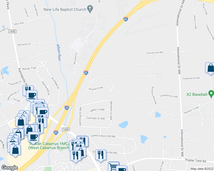 map of restaurants, bars, coffee shops, grocery stores, and more near 5300 Almeda Place Northwest in Concord