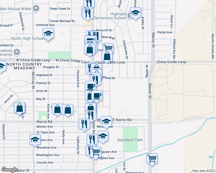 map of restaurants, bars, coffee shops, grocery stores, and more near 1911 Bedford Way in Bakersfield
