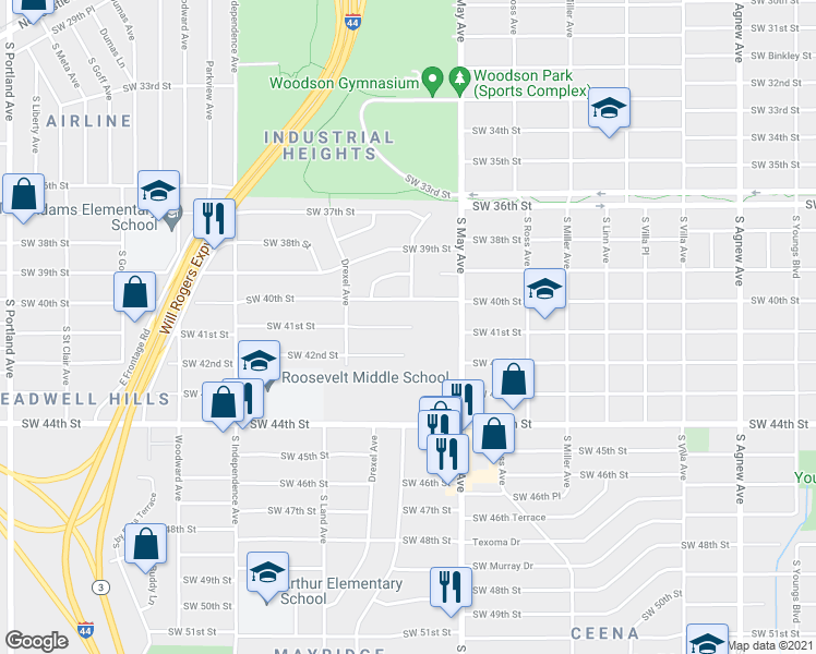 map of restaurants, bars, coffee shops, grocery stores, and more near 3009 Southwest 41st Street in Oklahoma City