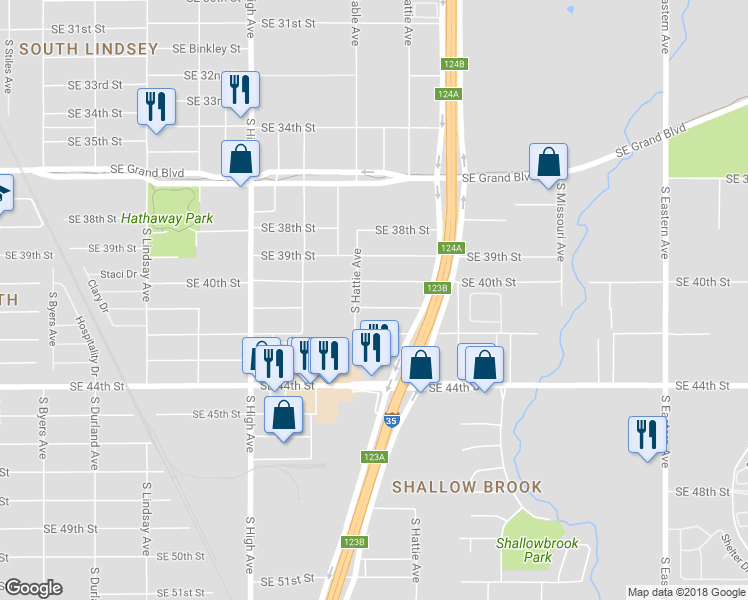 map of restaurants, bars, coffee shops, grocery stores, and more near 1315 Southeast 41st Street in Oklahoma City