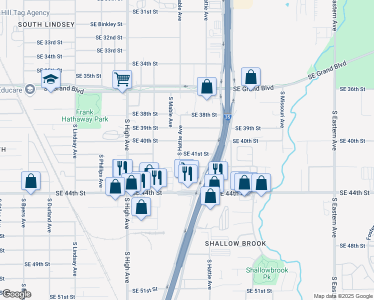 map of restaurants, bars, coffee shops, grocery stores, and more near 1315 Southeast 41st Street in Oklahoma City