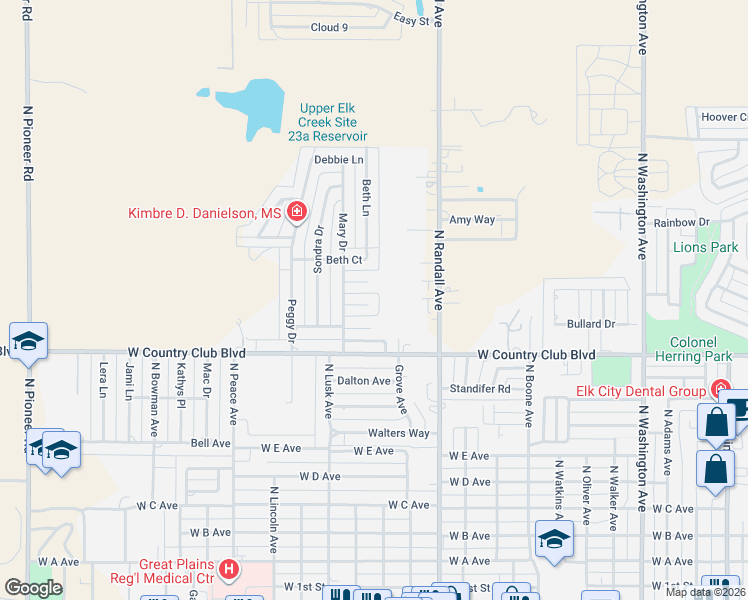 map of restaurants, bars, coffee shops, grocery stores, and more near 1413 Becky Court in Elk City