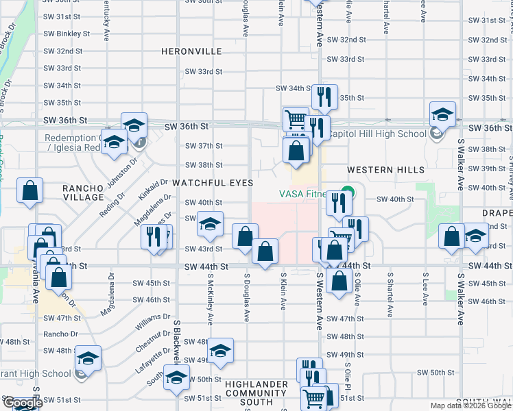 map of restaurants, bars, coffee shops, grocery stores, and more near 4100 South Douglas Avenue in Oklahoma City