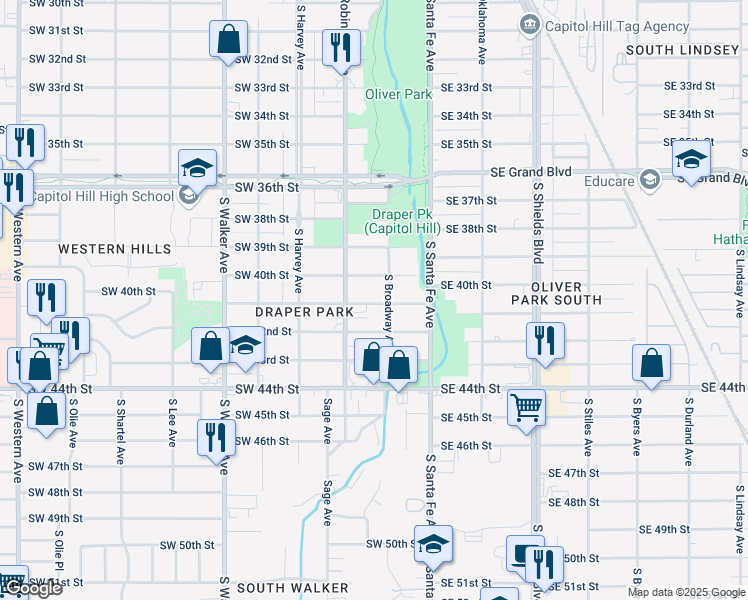 map of restaurants, bars, coffee shops, grocery stores, and more near 113 Southwest 41st Street in Oklahoma City