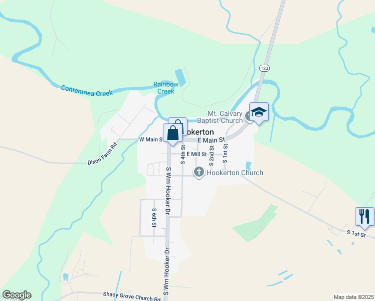 map of restaurants, bars, coffee shops, grocery stores, and more near 205 East Mill Street in Hookerton