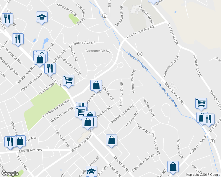 map of restaurants, bars, coffee shops, grocery stores, and more near 141 American Avenue Northeast in Concord