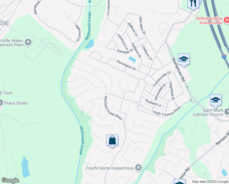 map of restaurants, bars, coffee shops, grocery stores, and more near 8500 Glade Court in Huntersville