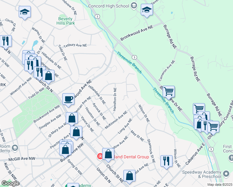 map of restaurants, bars, coffee shops, grocery stores, and more near 167 American Avenue Northeast in Concord