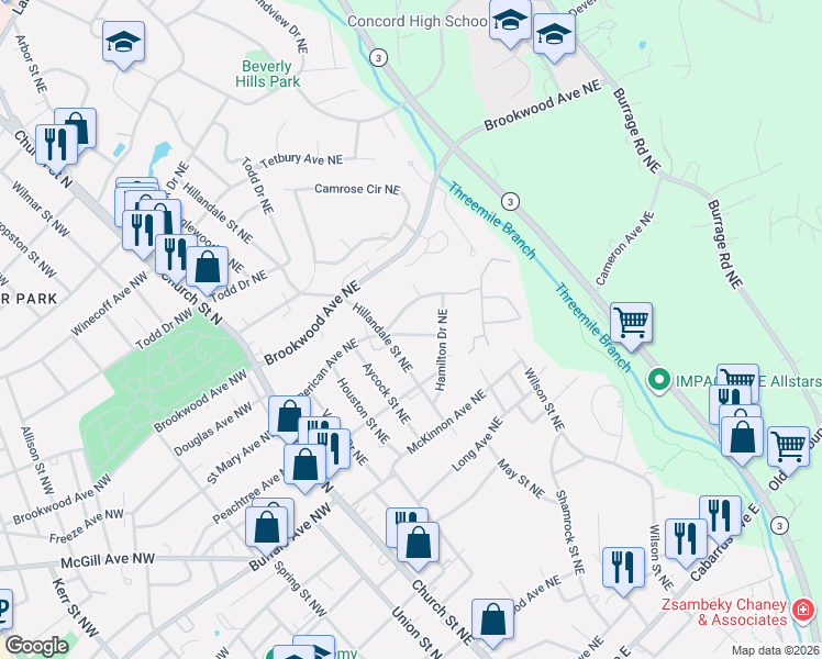map of restaurants, bars, coffee shops, grocery stores, and more near 141 American Avenue Northeast in Concord