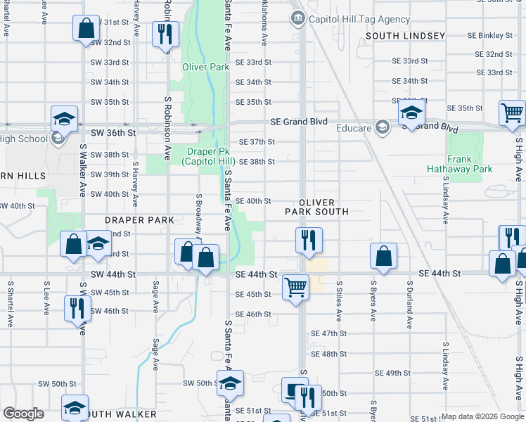map of restaurants, bars, coffee shops, grocery stores, and more near 4111 South Oklahoma Avenue in Oklahoma City