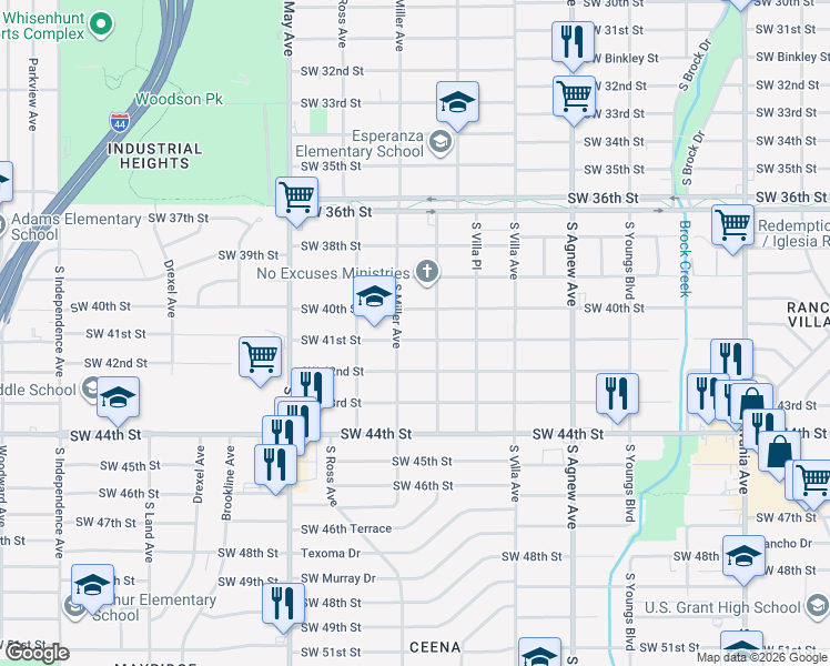 map of restaurants, bars, coffee shops, grocery stores, and more near 2637 Southwest 41st Street in Oklahoma City