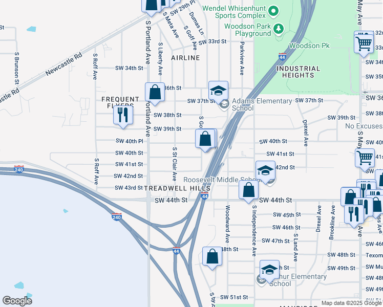 map of restaurants, bars, coffee shops, grocery stores, and more near 3511 Southwest 41st Street in Oklahoma City
