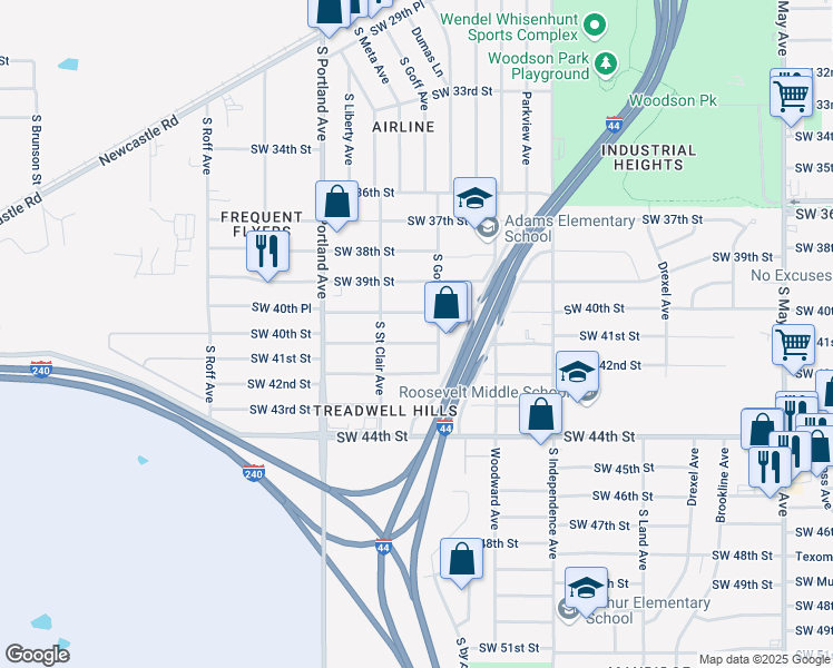 map of restaurants, bars, coffee shops, grocery stores, and more near 3511 Southwest 41st Street in Oklahoma City