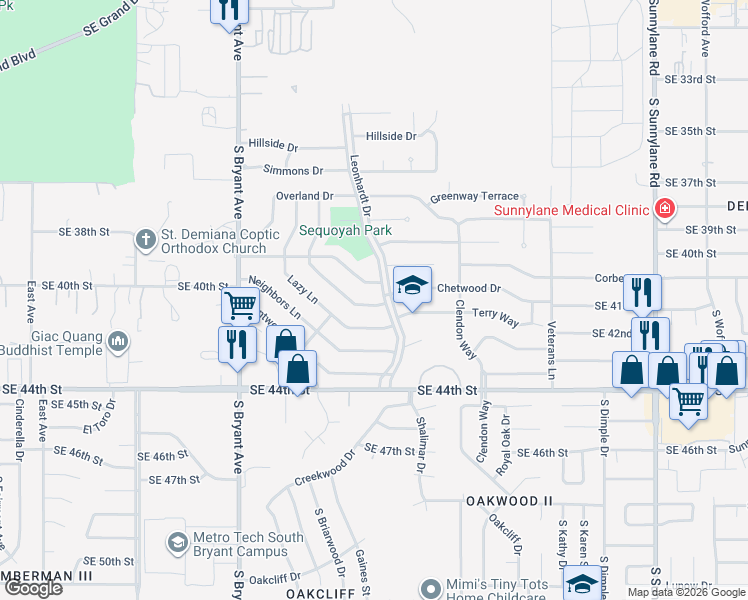 map of restaurants, bars, coffee shops, grocery stores, and more near 3333 Greenbrier Terrace in Del City